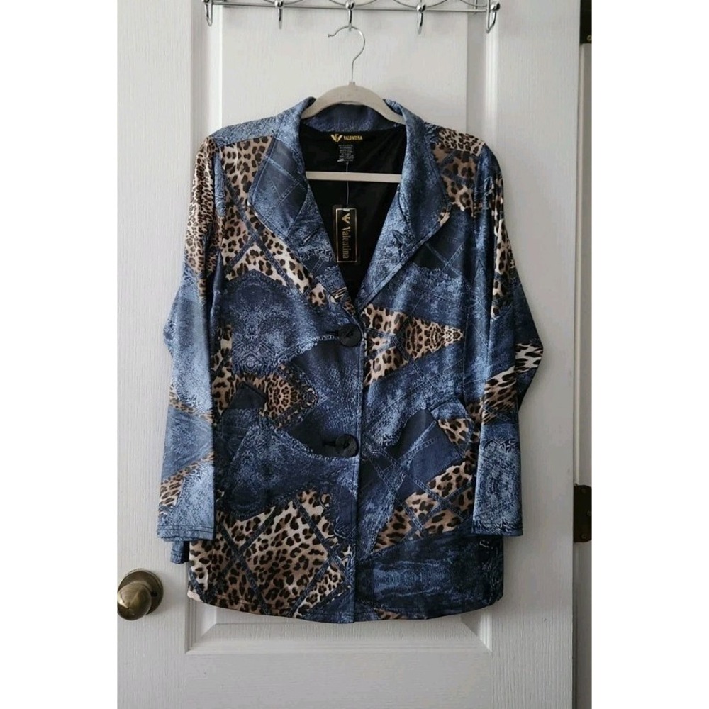 Valentina Women's jacket Faux‎ denim look animal print Patchwork Pockets Size M